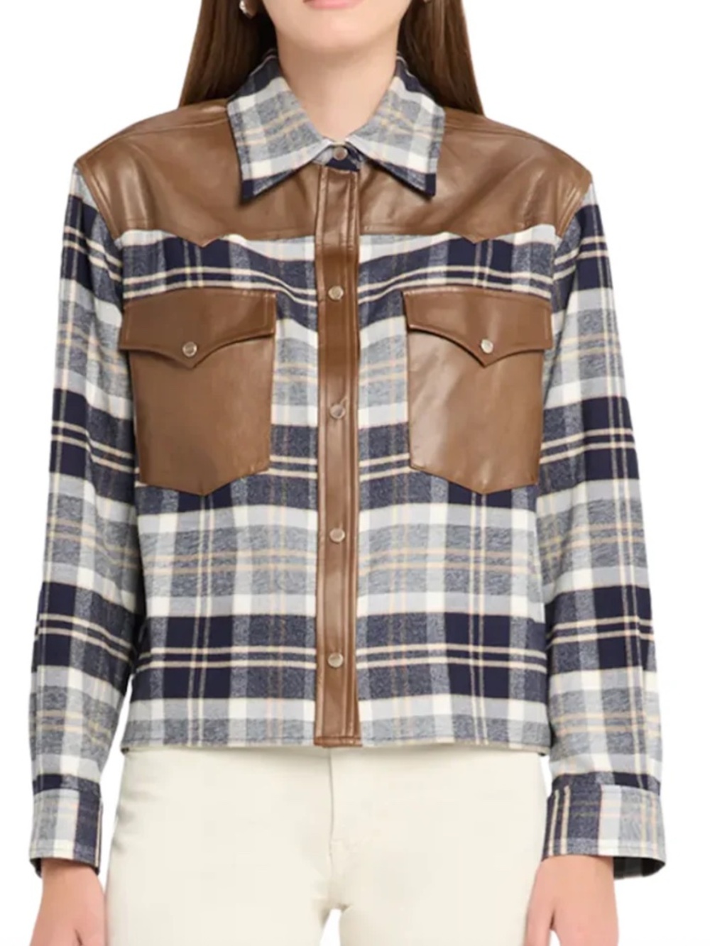TWP Waylon Plaid Flannel Shirt Jacket Black Blue Brown Leather Trim XS NWT $895